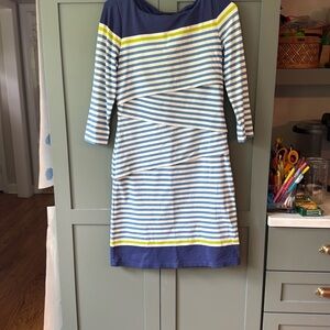 J. McLaughlin Blue and Lime Striped Dress. Catalina cloth tiered dress.